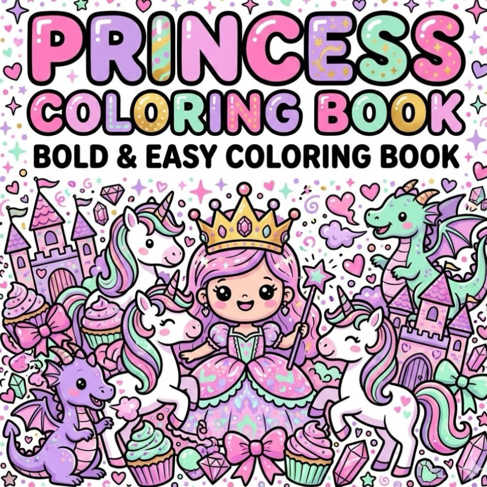Princess Coloring Book: Bold & Easy Coloring Book: 50 Cute and Simple Illustrations of Magical Princesses, Fairies, Castles, and Unicorns for Kids, Teens and Adults