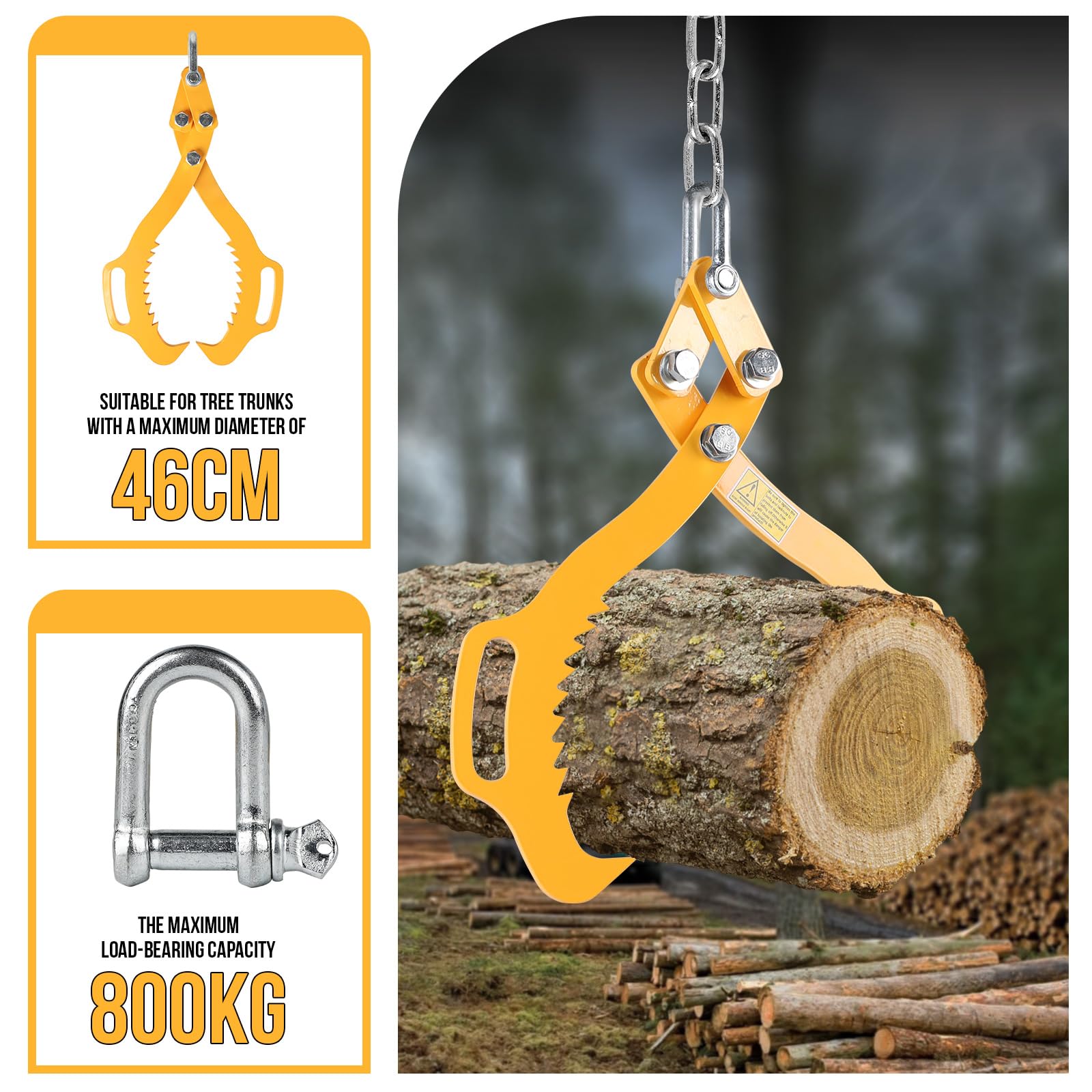 SWAWIS Pinza Forestale per Legna e Tronchi in Acciaio Legato, Pinze per Sollevamento di Tronchi Fino a 460mm, Capacità di Carico: 800 kg, Aggrappatore per Legname per Impieghi Gravosi(Giallo)