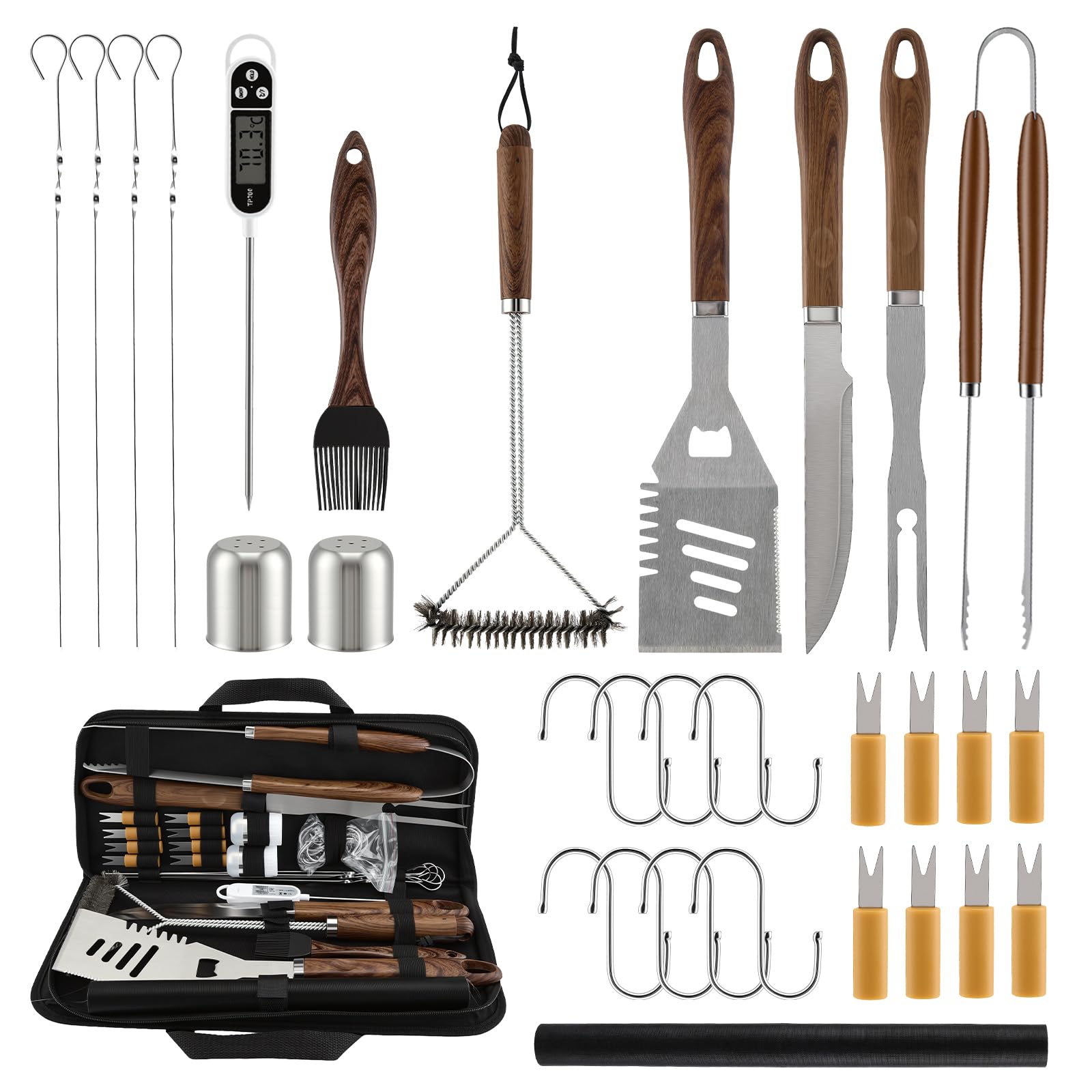 31Pcs Kit Barbecue Professionale, Set Barbecue Accessori in Acciaio Inox, Attrezzi BBQ Utensili Cucina con Spazzola per Barbecue e Termometro per Carne per Campeggio, Picnic e Barbecue all'Aperto