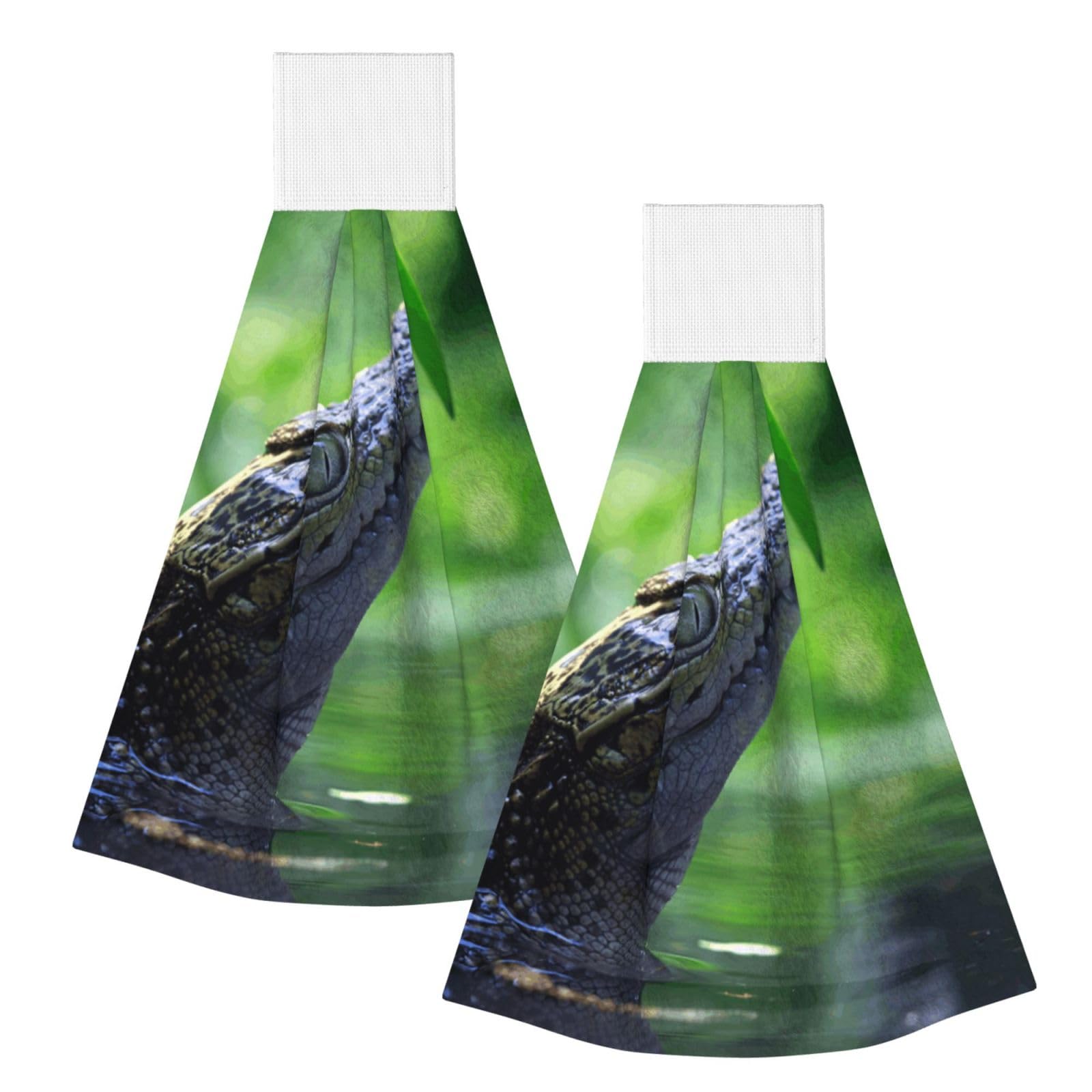 DOPKLNA Crocodile, 2 Pcs Hanging Coral Fiber Hand Towels for Bathroom, Absorbent Kitchen Towels