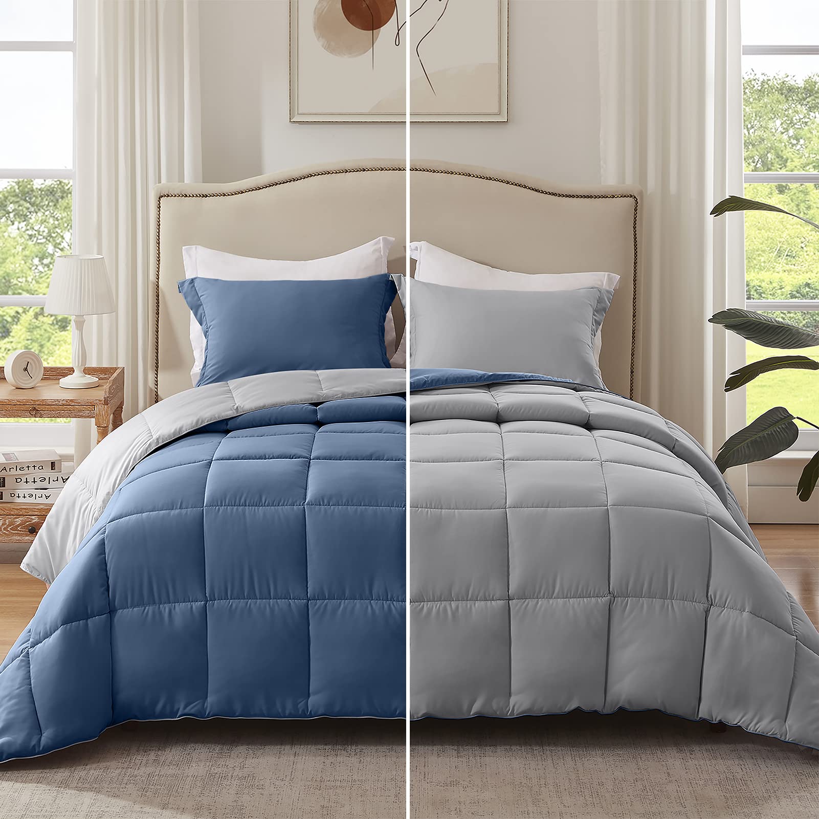Homelike Moment Comforter Set, King Size Lightweight Blue/Grey Bedding Comforters, All Season Down Alternative, Reversible Duvet Insert 3 Piece - 1 Comforter 2 Pillow Shams, Summer Blanket
