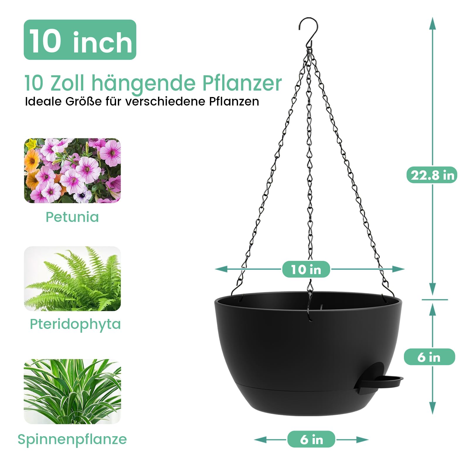 Homeuouz 25cm Selbstbewässernde Hängende Blumenampel 2er-Set – Blumentopf Hängend Innen & Außen, Hängeblumentöpfe mit Drainage für Balkon, Wohnzimmer, Küche,Schwarz