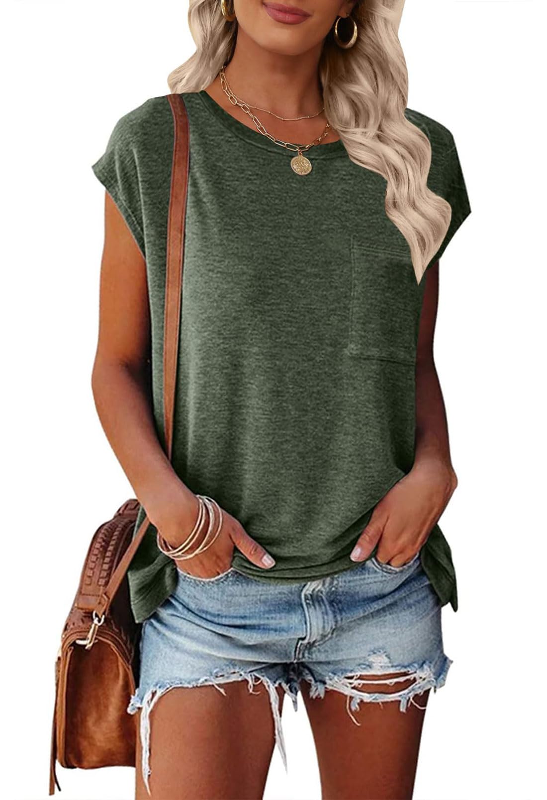 MEROKEETY Women's Casual Cap Sleeve T Shirts Basic Summer Tops Loose Solid Color Blouse