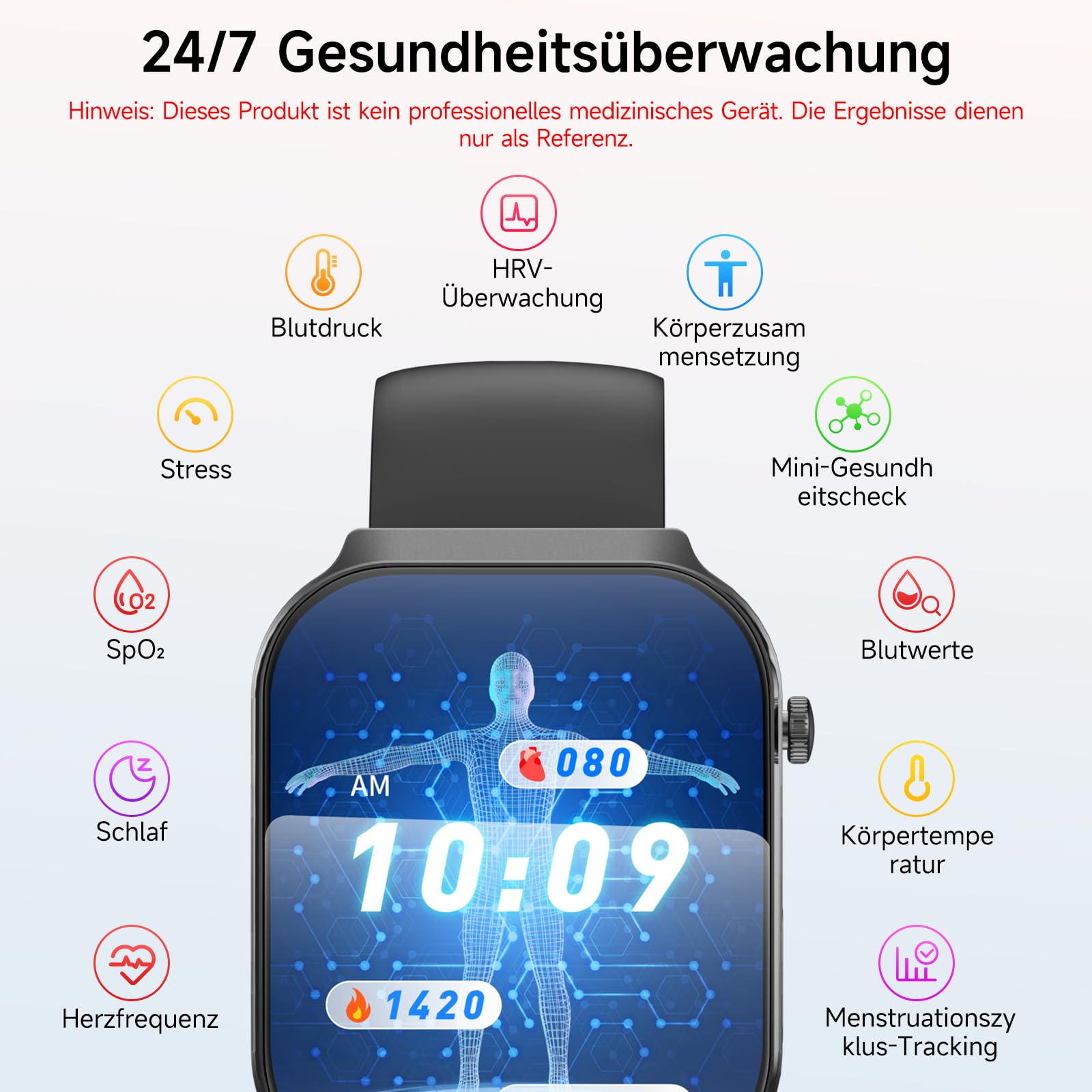Smartwatch Herren mit EKG HRV BMI Mikro-Gesundheitscheck Harnsäure 2,2 Zoll 3D-Curved-Display Gesundheitsuhr 24H Herzfrequenz Blutdruck Körpertemperatur Schlafmonitor Android iOS