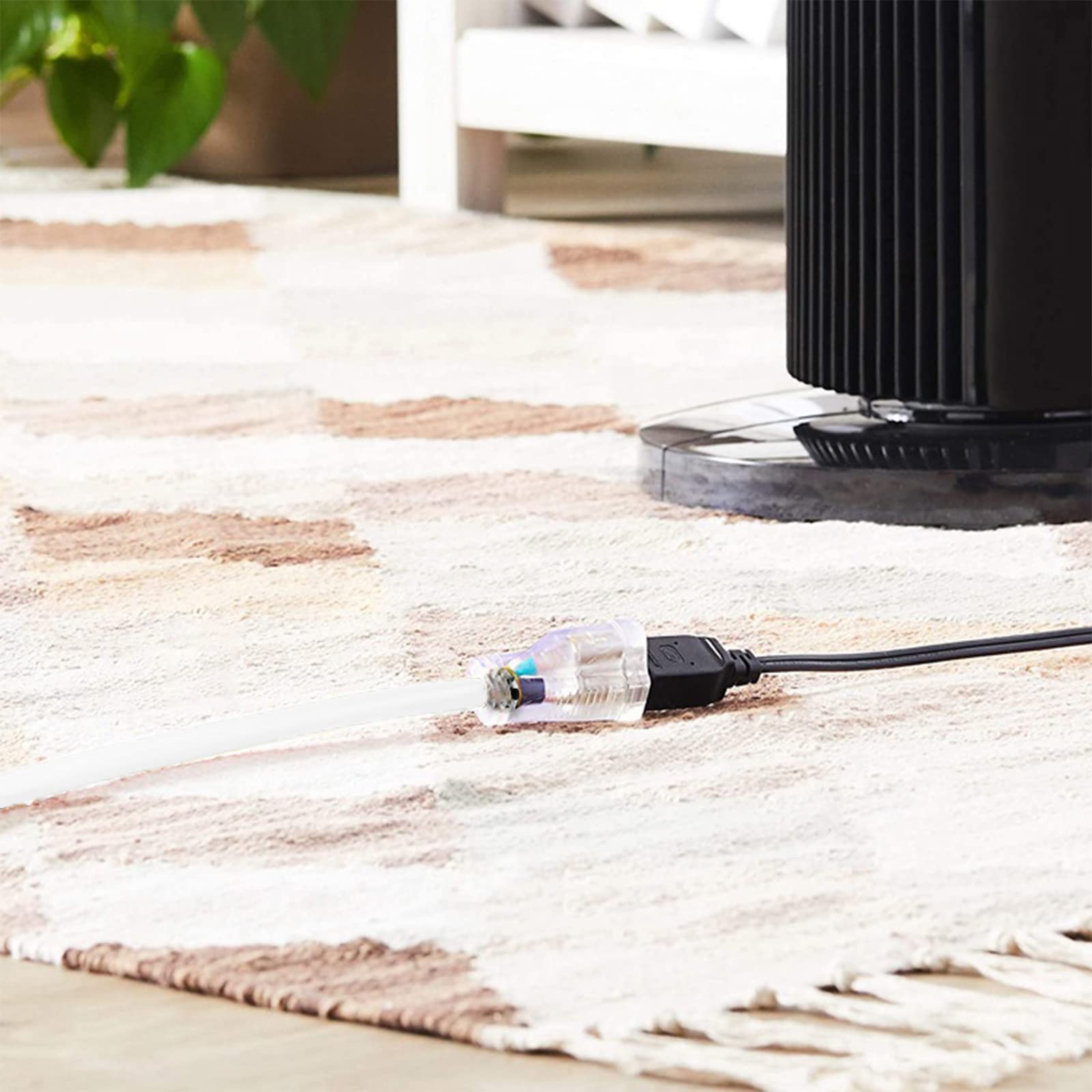 Cable de extensión para exteriores iluminado de 15 pies, 12/3, calibre 12, 3 clavijas, SJTW, cable de extensión blanco resistente con enchufe de tierra de 3 clavijas para mayor seguridad,