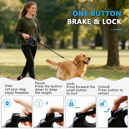 Miniatura 6 de Correa retráctil de 26 pies para perros de hasta 110 libras, correa para caminar sin enredos con cable a prueba de mordidas  Dispensador  Bolsas