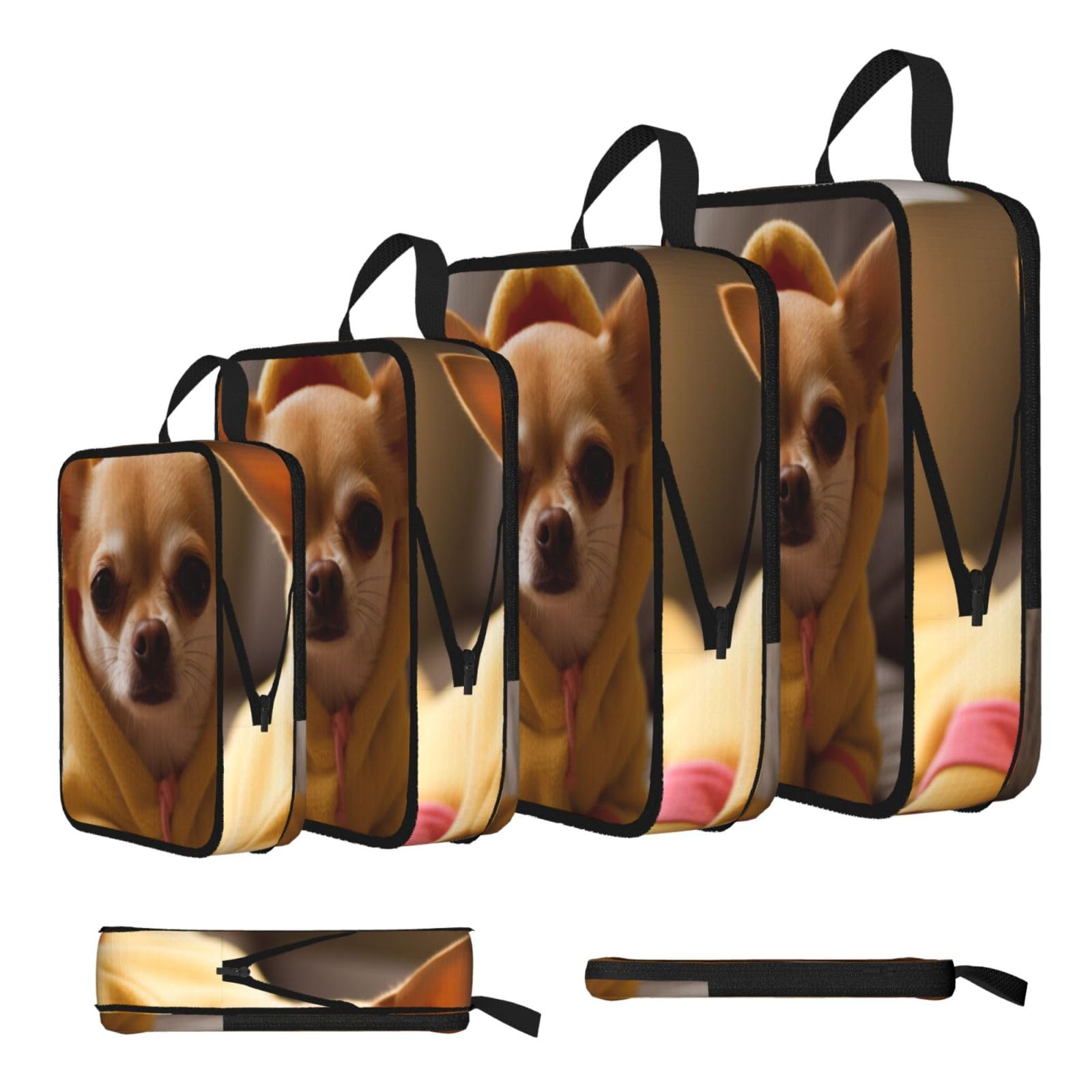 Ezdlowvba Black Cute Depressed Chihuahua Print Compression Packing Cubes 4-Piece Set With Multi- Compartment Travel Bag, Waterproof Suitcase Organiser Bags
