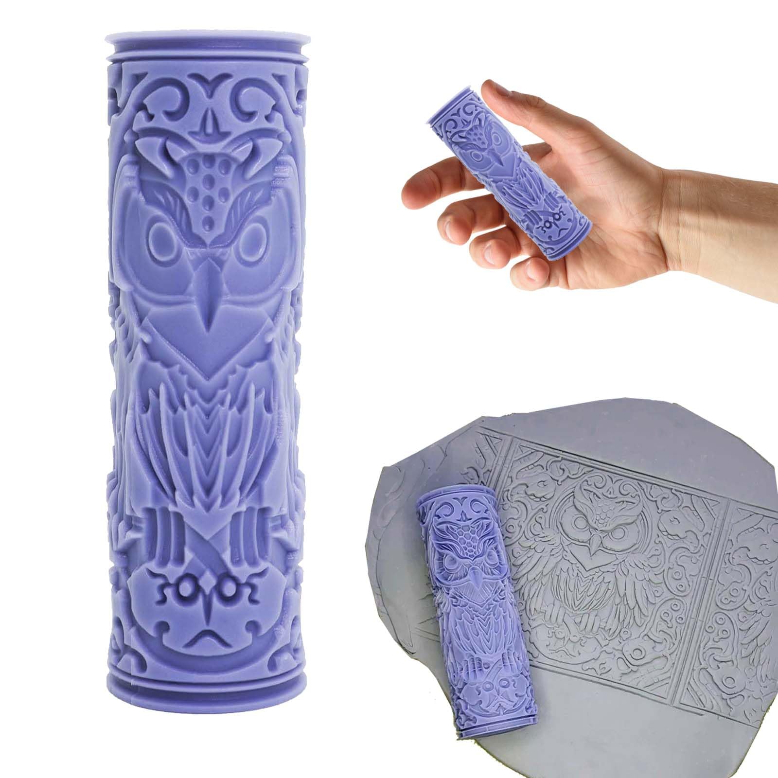 Formversity Owl Pattern Clay Stamp Pottery Tool, Embossing Stamp Clay Roller Pattern, Pottery Ceramic Clay Diy Rolling Pin Pattern, Stamp Carving Print Graphic Home, Polymer Clay Texture Roller Set For Clay