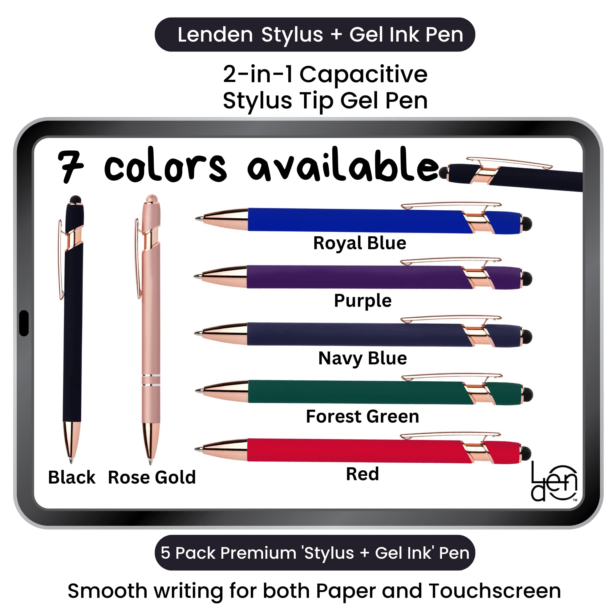 Lenden Paquete de 5 bolígrafos de tinta de gel 2 en 1 con punta capacitiva, punta media de metal premium, tinta negra, compatible con la mayoría de pantallas táctiles (morado)