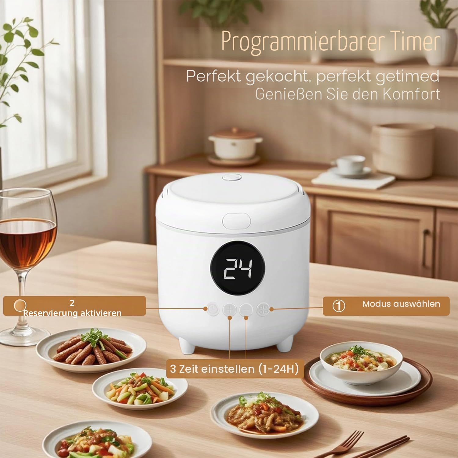 Reiskocher Klein, 3 Tassen (für 1-3 Personen), 6-in-1 Multikocher mit Slow Cook, 300W, Kompakt, Weiß