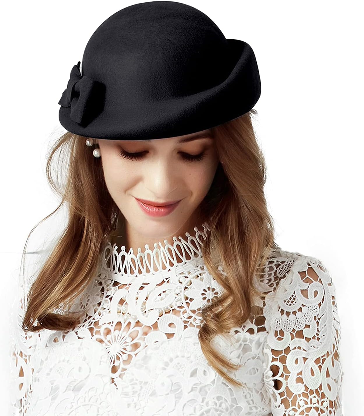 F FADVES Pillbox Hat Wool Felt Beret Fascinator Hats Flower Cocktail Wedding Tea Party Hat