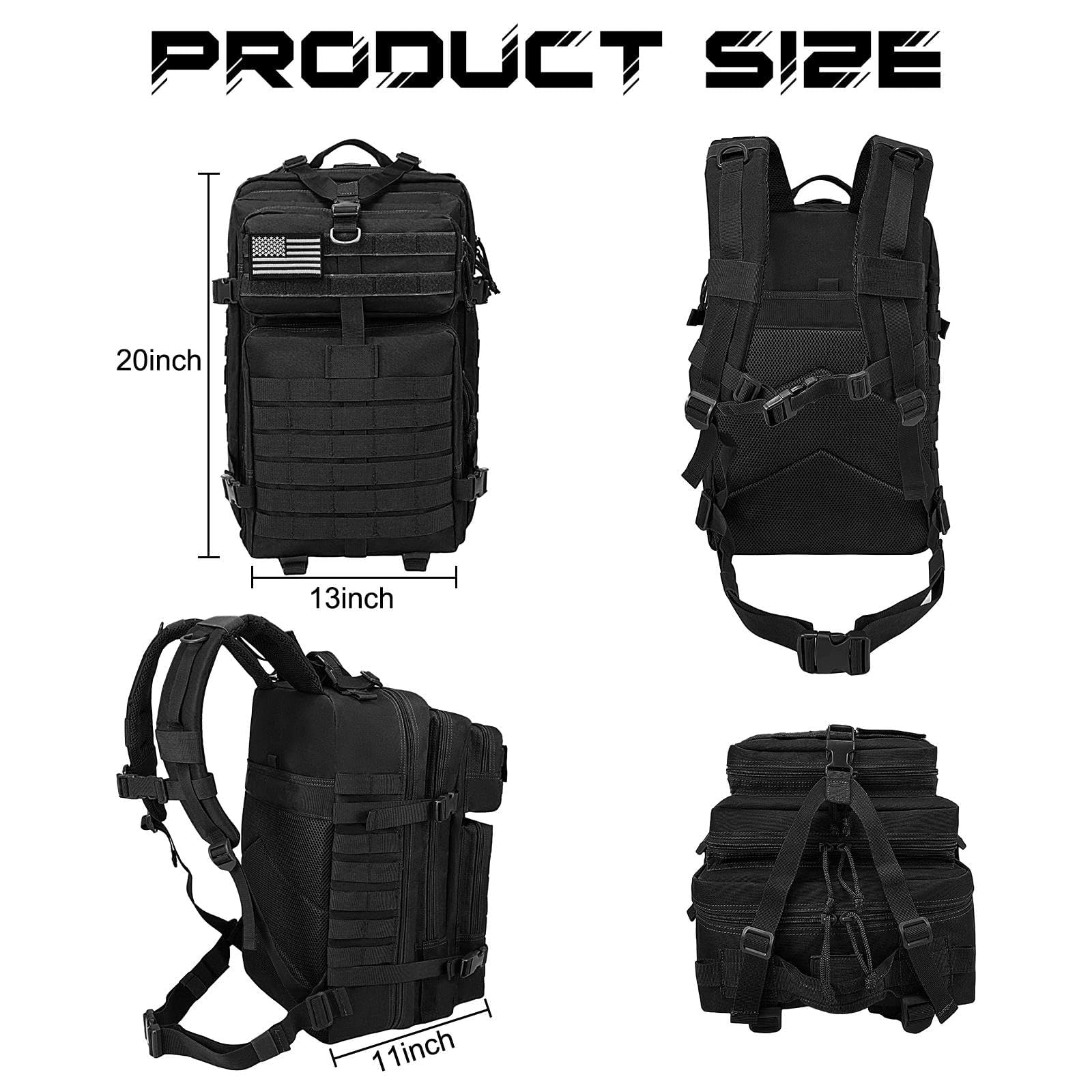 WOLT | Sac à dos tactique militaire pour homme, grand sac d'assaut de 3 jours avec sac MOLLE pour équipement de randonnée, sac de survie, sac de portée, noir, Large, ‎Sac à dos tactique