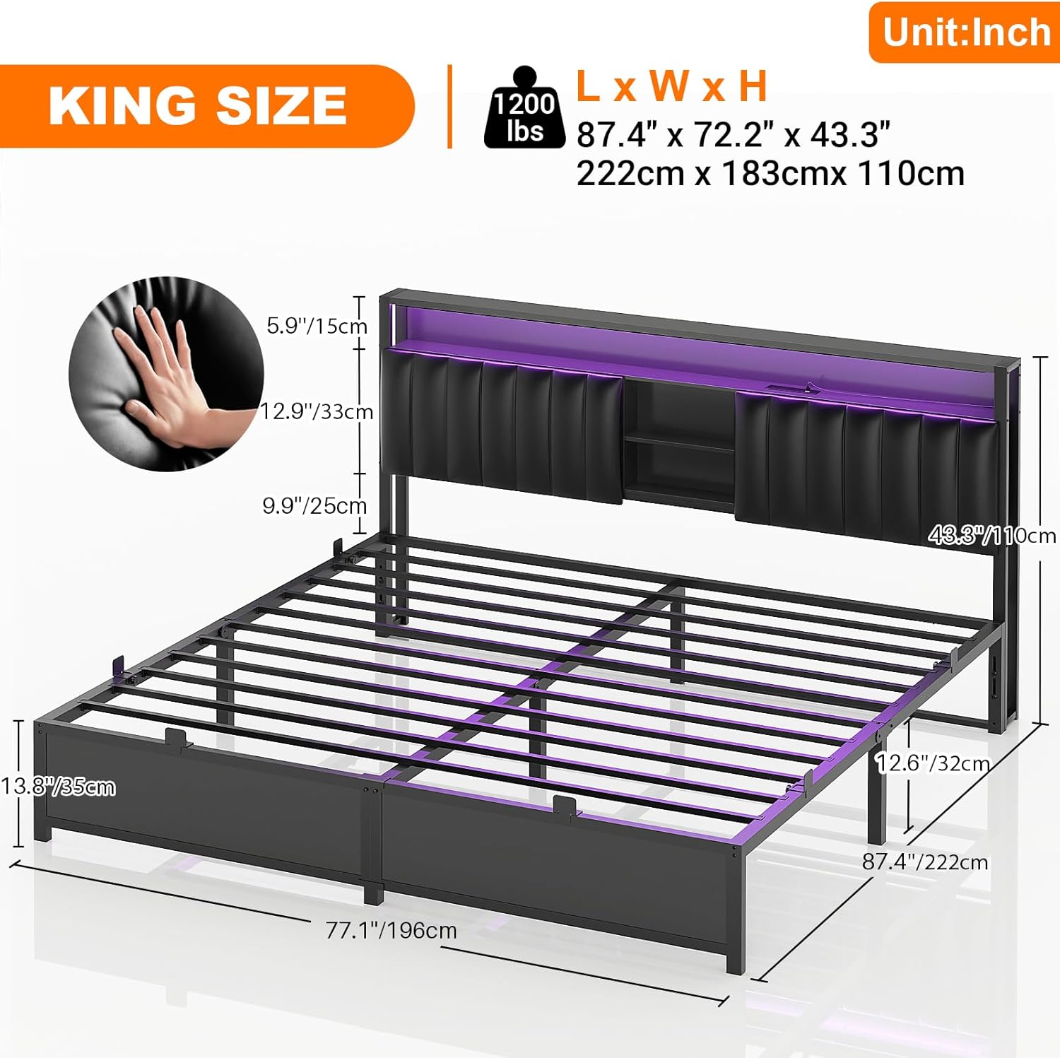 Aheaplus King Size Bed Frame with Charging Station & Led Lights, Platform Bed with Leather Upholstered Headboard and Storage, Metal Slats Support No Box Spring Needed, Noise-Free,-B6, Black Oak