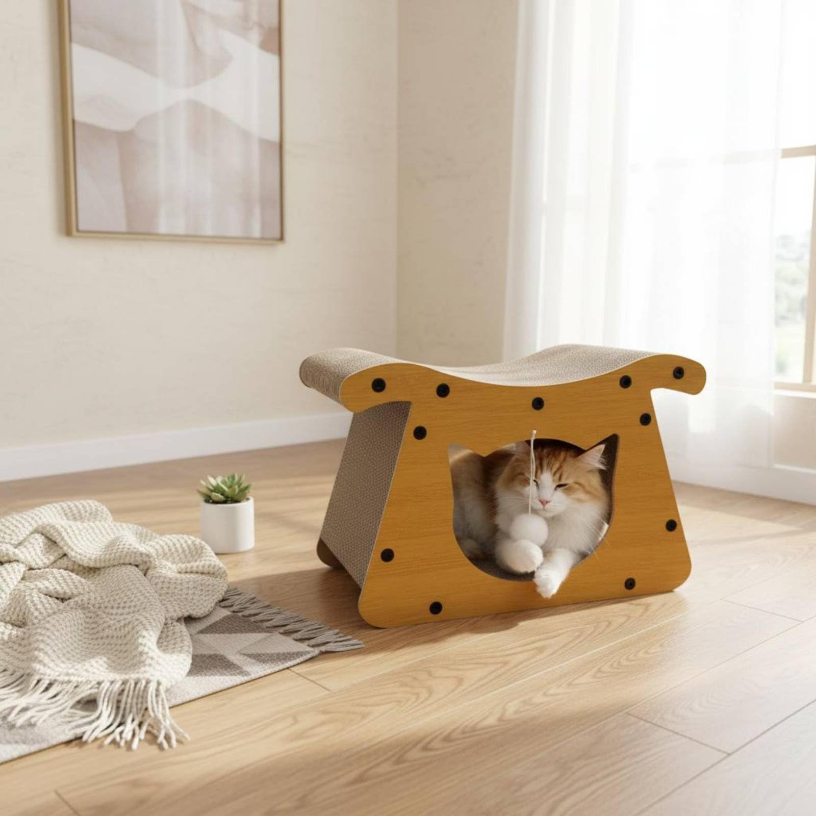 Lit Griffoir pour Chat Maison Grattoir Couchage Aire de Détente Surface Texturée en Carton Ondulé Structure pour Usage Fréquent Jouet Suspendu pour, 24 Cm