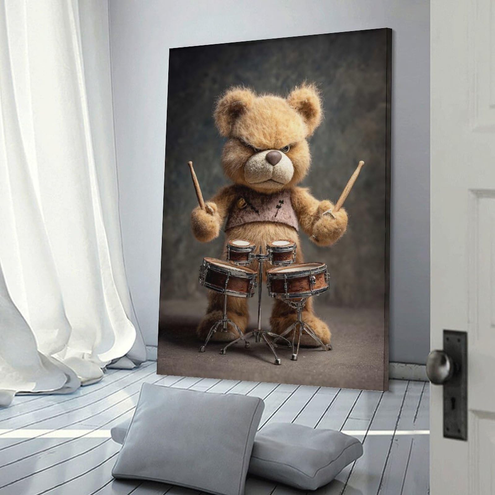 Junmoney Grumpy Teddy Bear Drummer Poster, Picture, Metal Print, Paint by Creed Canvas Art Print 20x30inch(50x75cm), for New Homes, Bedrooms Or Workspaces, Gift Idea for Housewarming And Birthdays