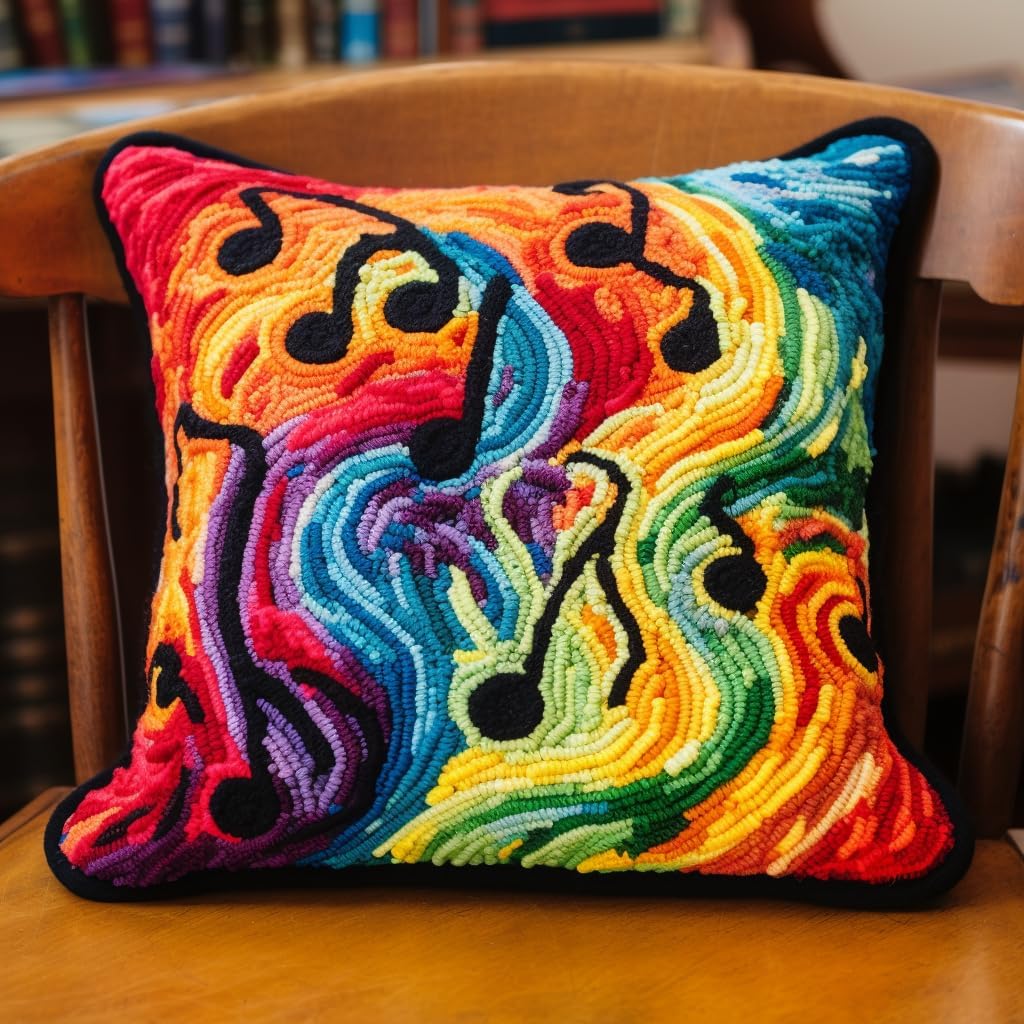 Colorful Music Notation Latch Hook Pillow Kit for Adults Throw Pillow Cover with Printed Canvas Crochet Yarn Needle Craft Easy DIY Handmade Cushion for Home Sofa Decoration 43x43cm