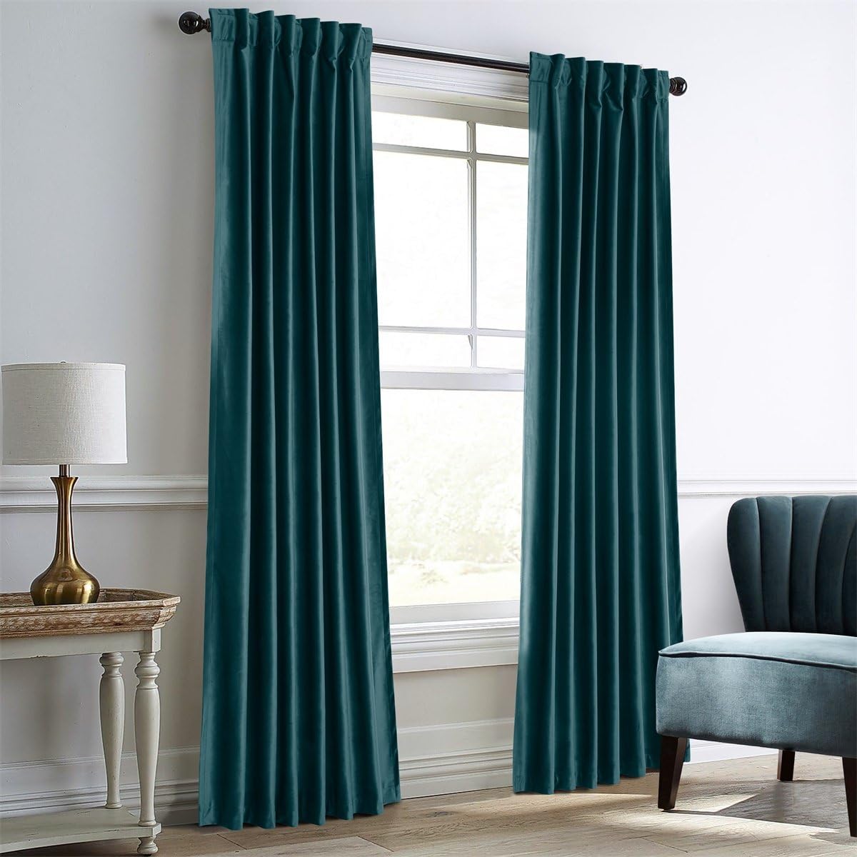 Dreaming Casa Teal Green Velvet Curtains for Living Room Thermal Insulated Rod Pocket Back Tab Window Curtain for Bedroom 2 Panels 52" W x 108" L