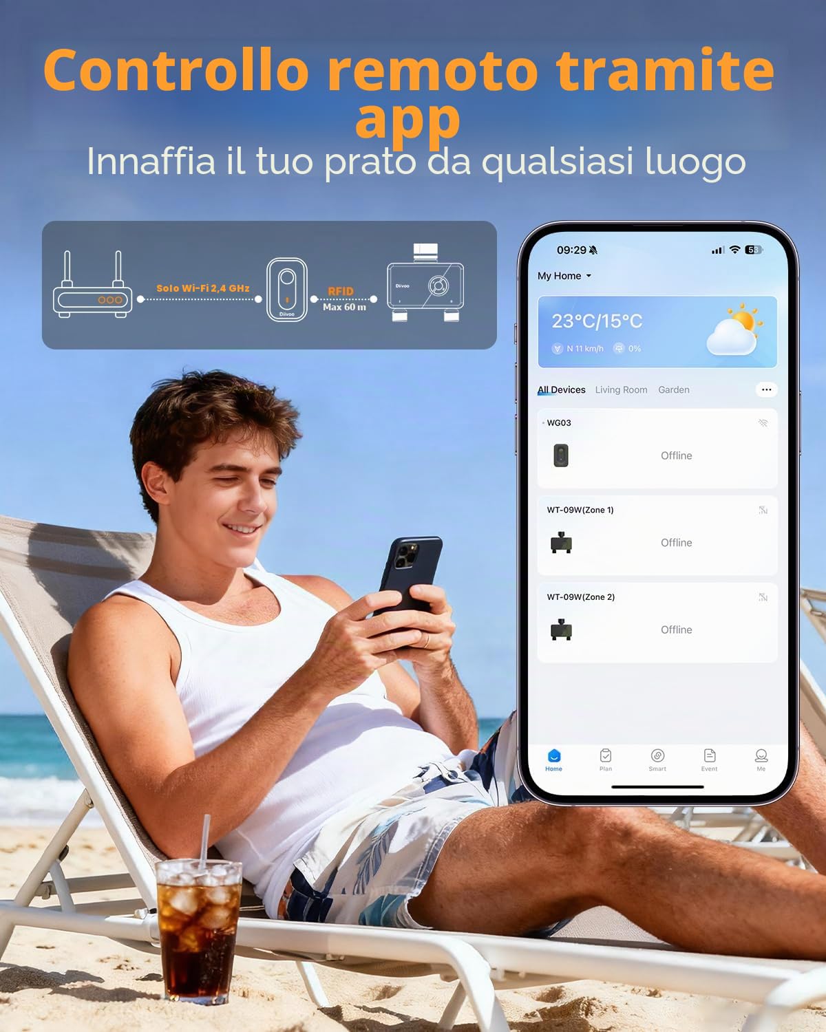 Diivoo Centralina Irrigazione WiFi 2 Zone con Ingresso Uscita in Ottone, Timer Irrigazione Smart Compatibile con APP e Vocale Alexa, Programmatore Irrigazione WiFi per Giardino, Prato