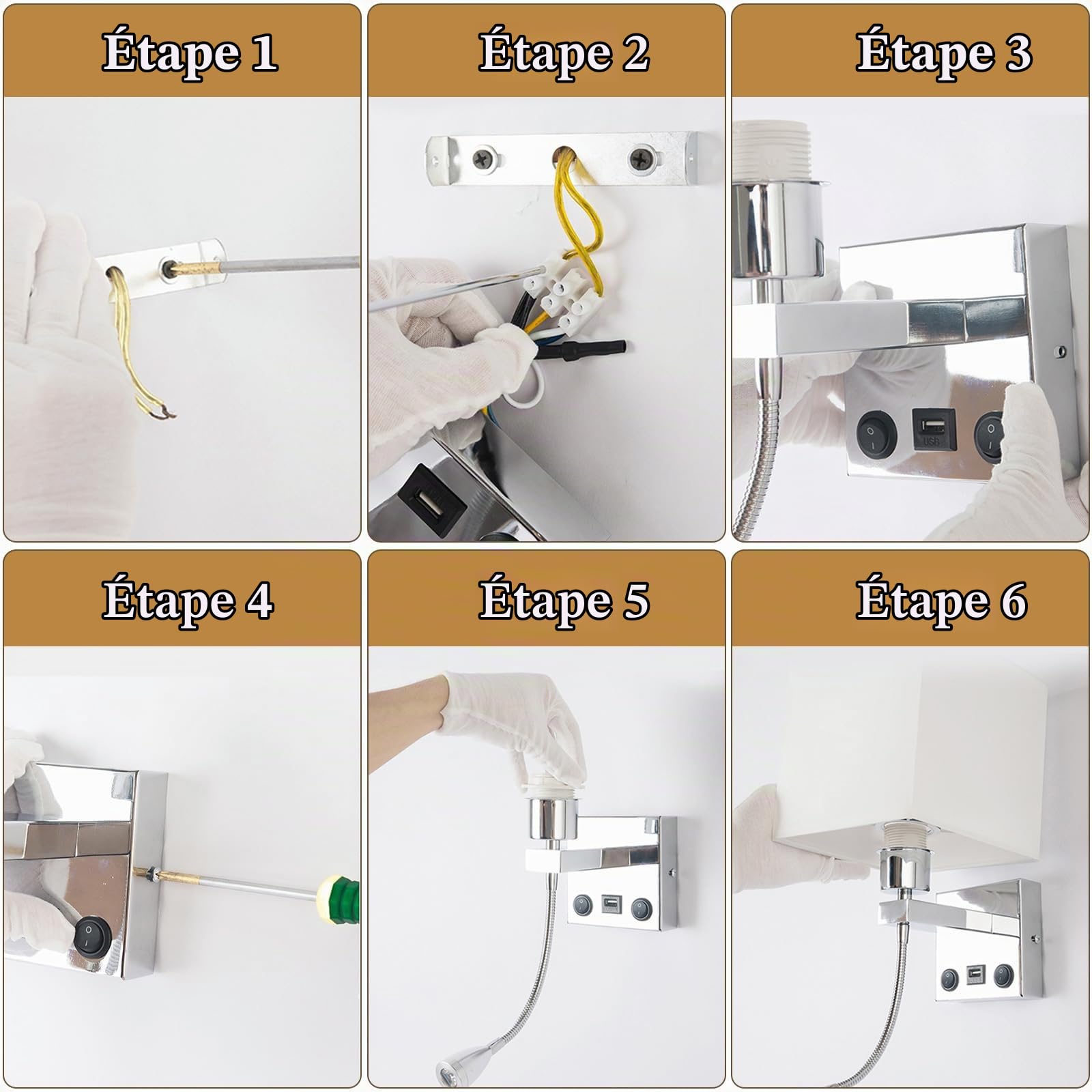 ALLOMN Applique de Chevet, Applique de Lecture à LED Applique Murale Moderne en Chrome Poli avec Projecteur Ajustable à col de Cygne, Interrupteurs Doubles, Avec Port USB pour Charger E27 (USB 1 PCS)