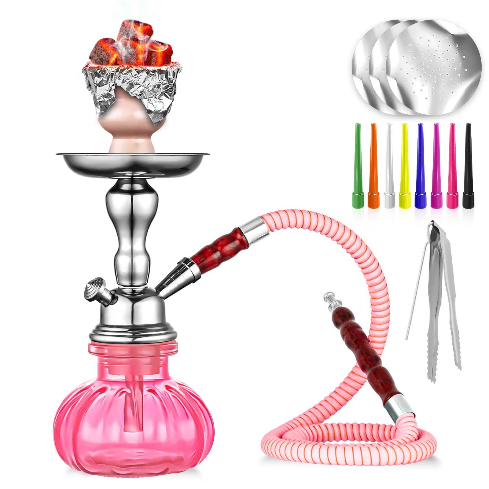 Hookah Set, 11'' Shisha Hookah Complete Set With Mini Pumpkin Hookah Glass Vase, Ceramic Bowl, Wooden Handle Hose, Coal Tong (pink)