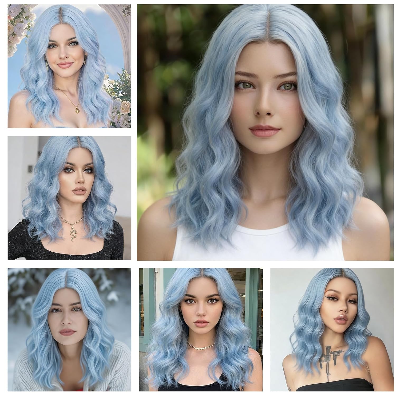 BUFASHION 18" Long Wavy Curly Water Blue Synthetic Wig for Women Girls Cosplay Wig Halloween Costume Wig with Wig Cap(Light Blue) - Image 2