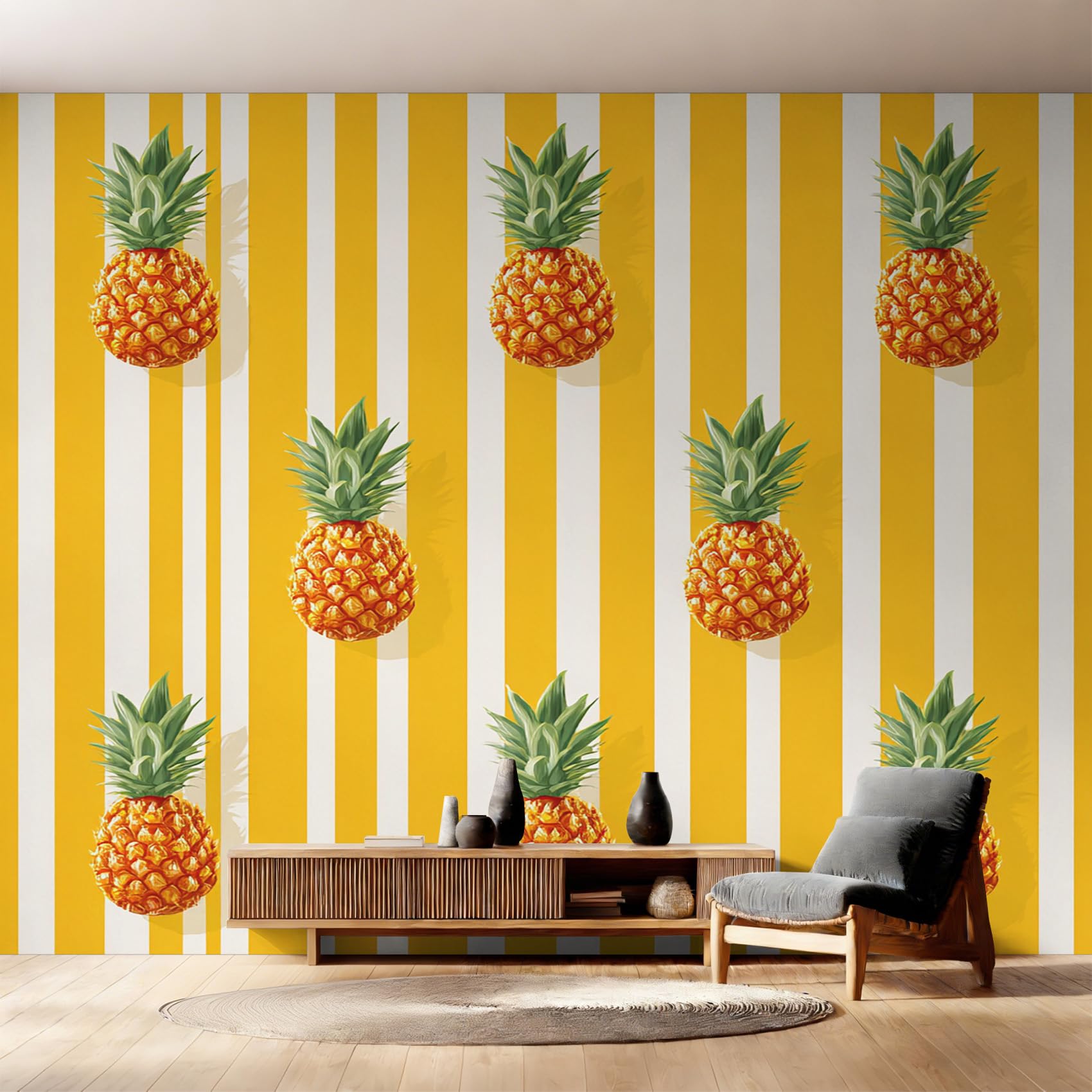 Papier peint ananas intissé à rayures décoration murale salon