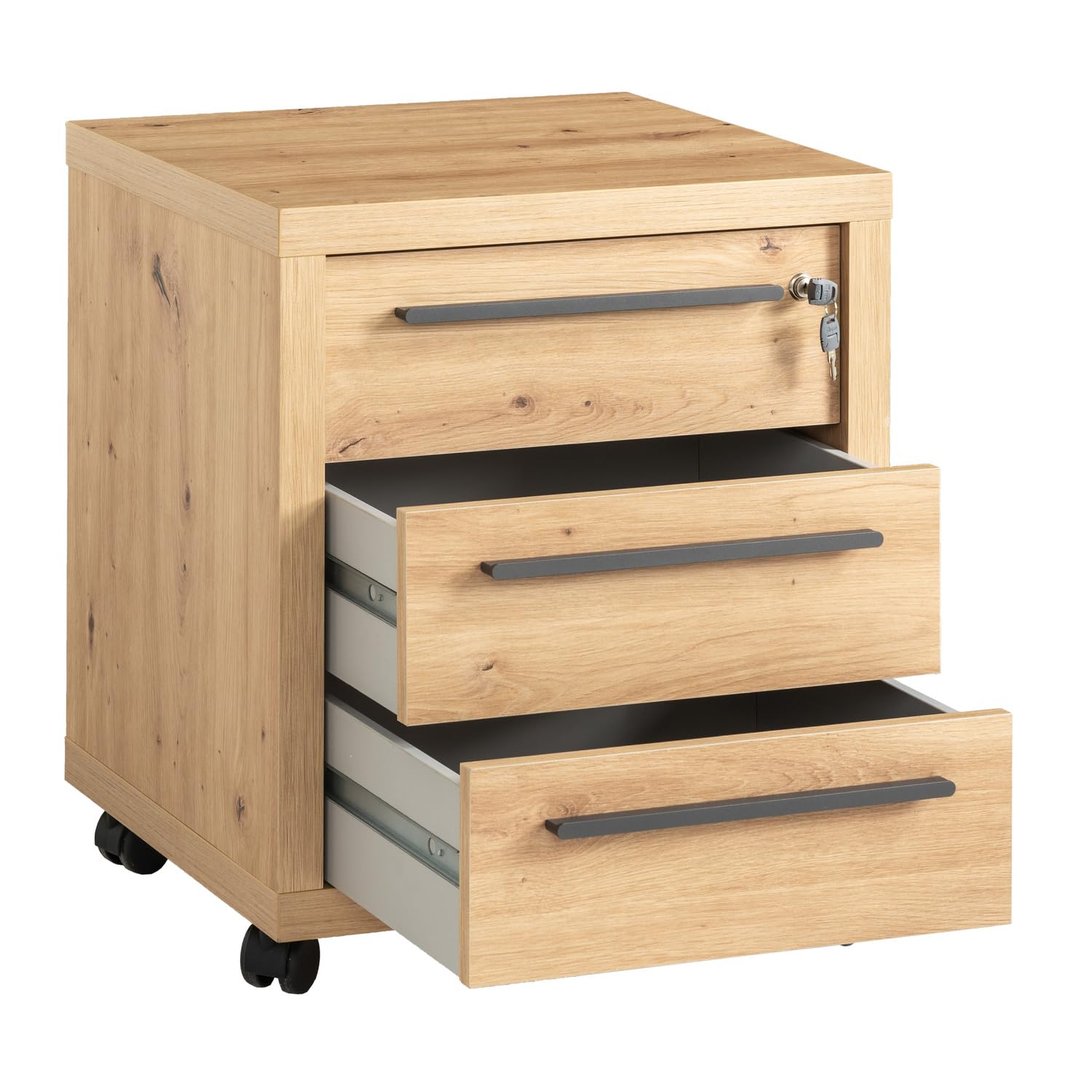 Composad | Cassettiera della Linea RILEGA con 3 Cassetti, Serratura e Ruote, Cassettiera Ufficio Moderna, Archivio, (LxAxP) 53,6x63,4x44,7 cm, Rovere Oak Mielato, Made in Italy