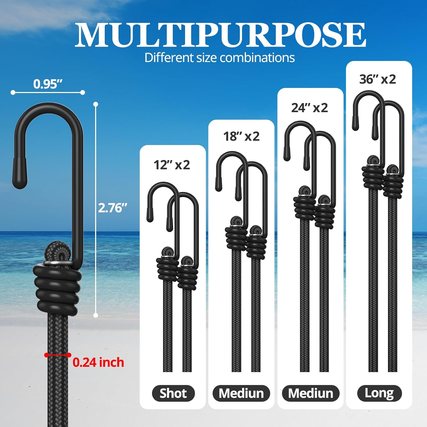 8-Pack Bungee Cords with Steel Hooks, 12" 18" 24" 36" Multi-Size Set, Heavy Duty Tie Down Straps for Cargo, Motorcycle, and Trash Can, High Elasticity, Black