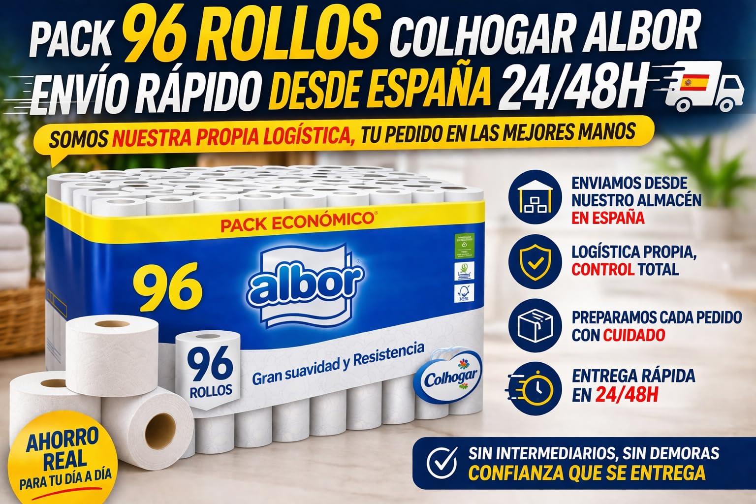 Pack Colhogar Albro, Ahorro XXL 96 Rollos Papel Higiénico WC - Olvídate de Comprar por Meses