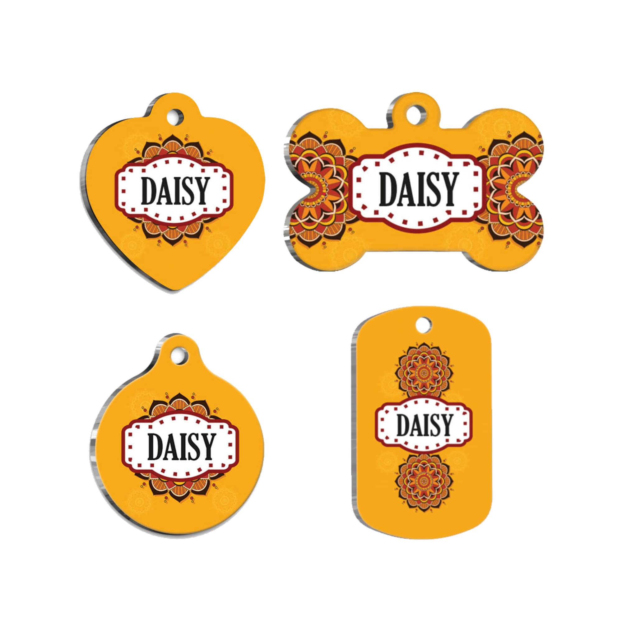 Mandala Orange Personalized Dog Tag - Custom Name Tag - ID Tag for Dog & Cat - Customized Pet Tags - Dog Name Tag - Cat Name Tag - Engraved Dog Tag (Heart)