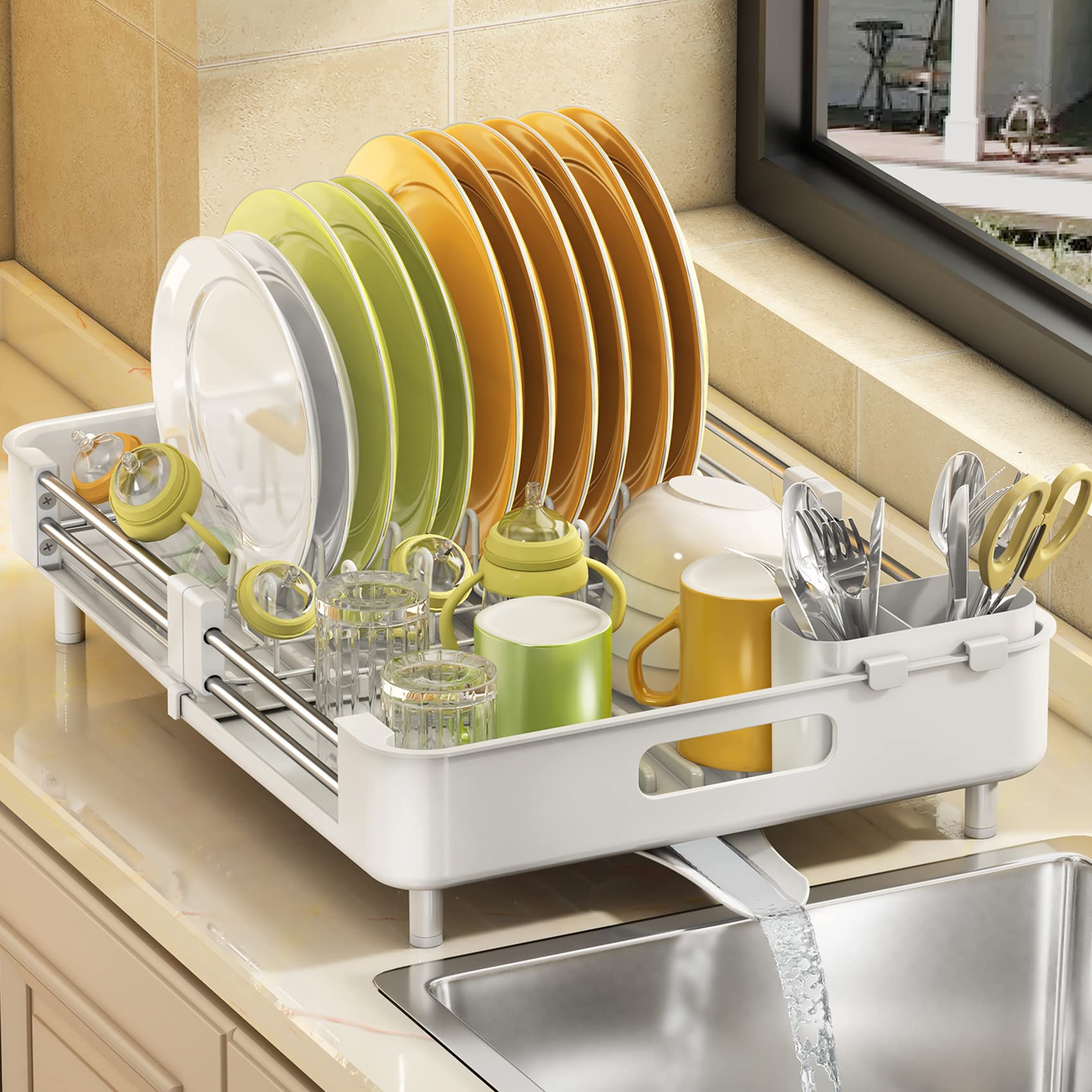 Buy Dish Drying Rack, SNTD Expandable Dish Rack with Drainboard and Spout, Kitchen Counter Dish
