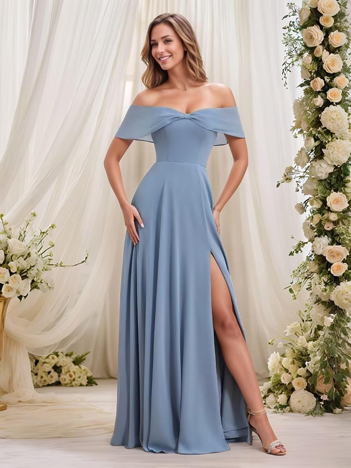 RunaCelle Chiffon Bridesmaid Dresses Long Off The Shoulder Wedding Guest Dress with Slit Pleated Corset Formal Gown