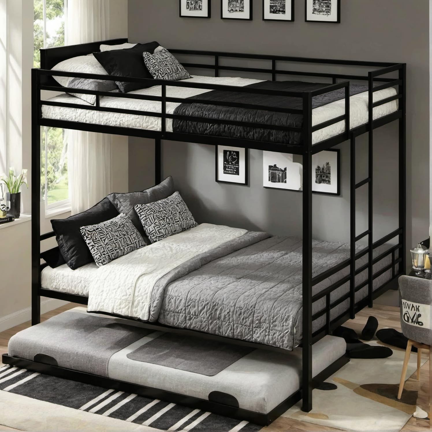 Incomplete similar King Over King Bunk Bed with Trundle and Ladder for Kids,Adult,Teenagers,Heavy Duty Metal Bunk Bed w/Full Length Guardrail for Dorm,Bedroom,Guest Room,No Box Spring Needed,Black