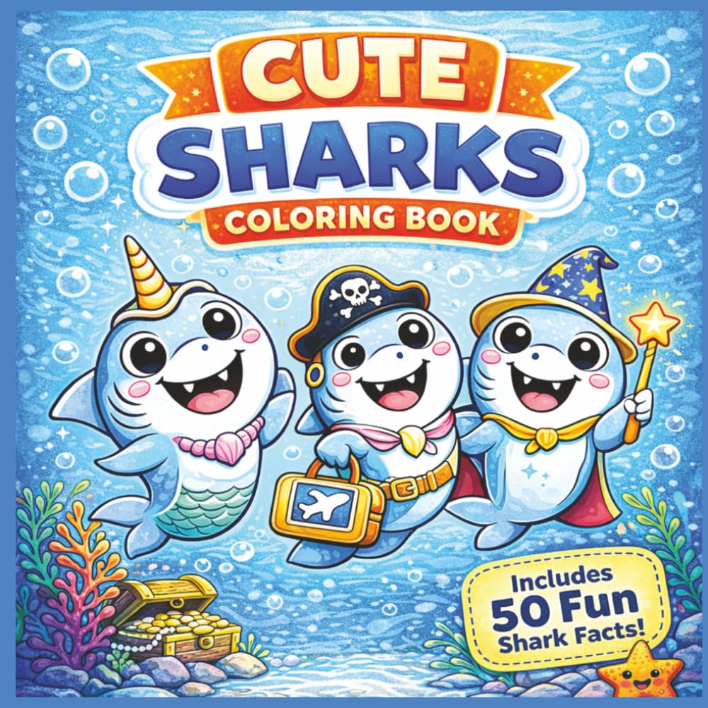 Cute Sharks Coloring Book: Fun and Easy Coloring Pages with 50 Fun Shark Facts for Kids (Bold & Easy Cozy Coloring Books)