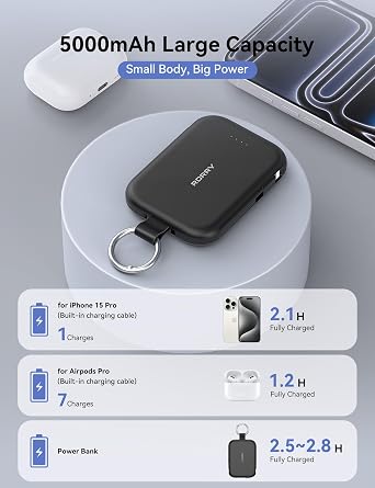 RORRY CharmGo Portable Charger, 5000mAh Portable Charger Power Bank with Built-in Cables, Travel Keychain Charger Battery Pack for iPhone 17/16/15/14/13/12, for AirPods 2/3/4/Pro, Black