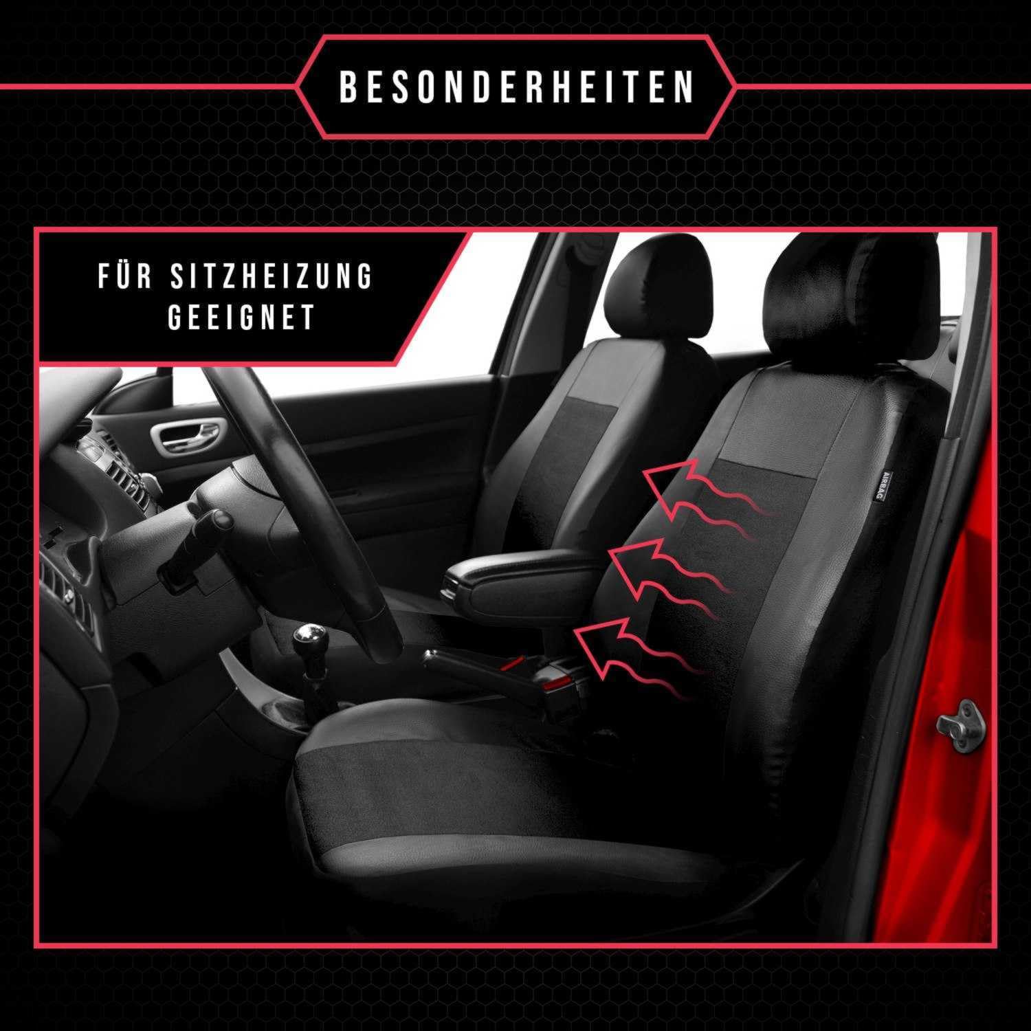 3er Set Autositzbezüge PKW universal | Auto Sitzbezüge Kunstleder Schwarz für Airbag geeignet | für Vordersitze und Rückbank 1+1 Autositze vorne und 1 Sitzbank hinten teilbar Reißverschlüsse
