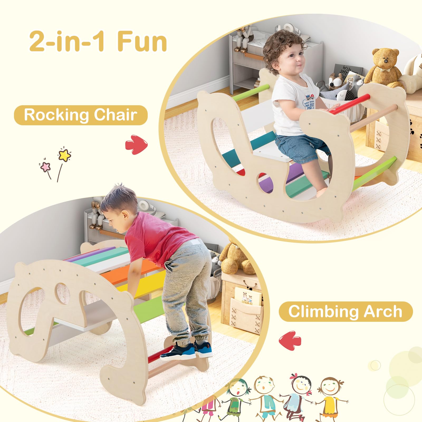GLACER 2-in-1 Kids Rocking Climbing Arch, Wooden Pikler Montessori Climbing Set Rocker Climber Triangle Ladder, Toddler Rainbow Rocking Horses, Children Indoor Play Gym, Kids Climbing Toys (Rainbow)