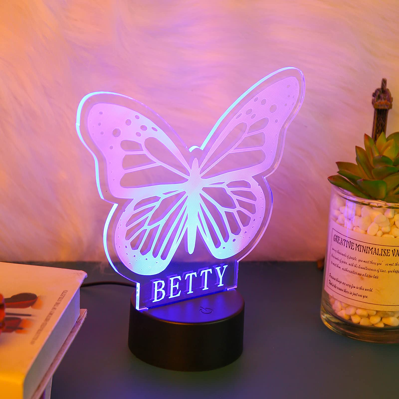 Personalized Night Light Custom Name 3D Butterfly Lamp Decor with USB Charger for Girls Bedroom Table Home Decor Colorful Butterfly Night Light for Birthday Christmas (A)
