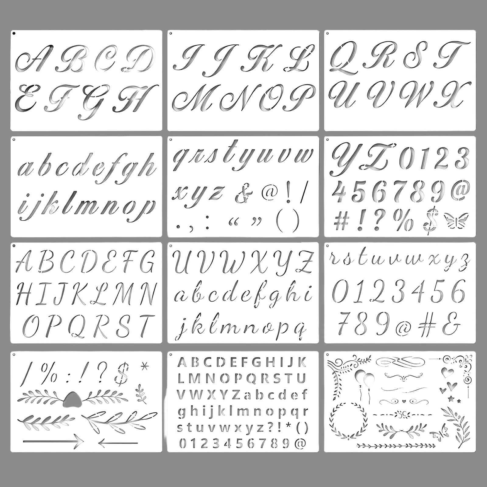 12 Pezzi Stencil per Lettere, Stencil per Pittura Riutilizzabili in Numero Alfabeti e Caratteri, Plastica Stencil per Pareti Fai da Te, per Scrapbooking Disegno Graffiti Scrittura