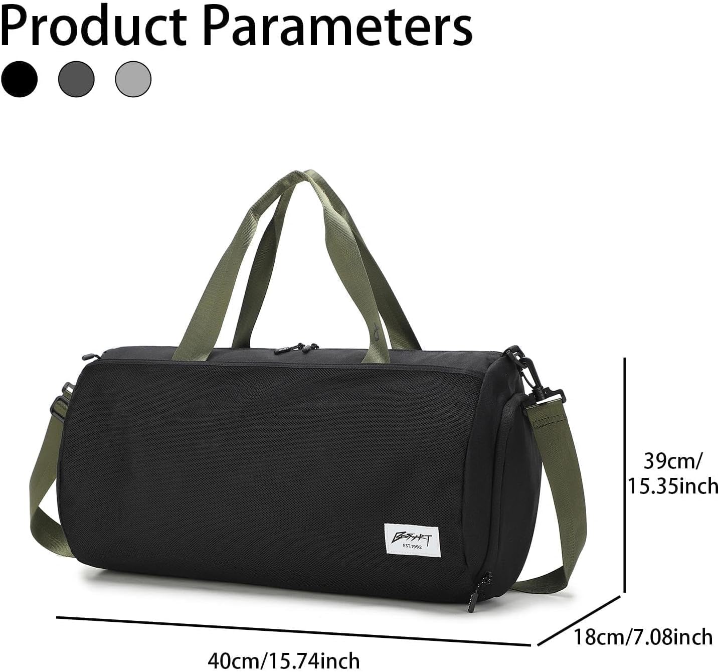 BE SMART Waterproof Mens Gym Bag with Shoe Compartment, Sports Gym Duffle Bag with Adjustable Strap for Men Women, Lightweight Large Sport Duffel Bag for Travel, Sports, Fitness(Black/Olive Green) - Image 3