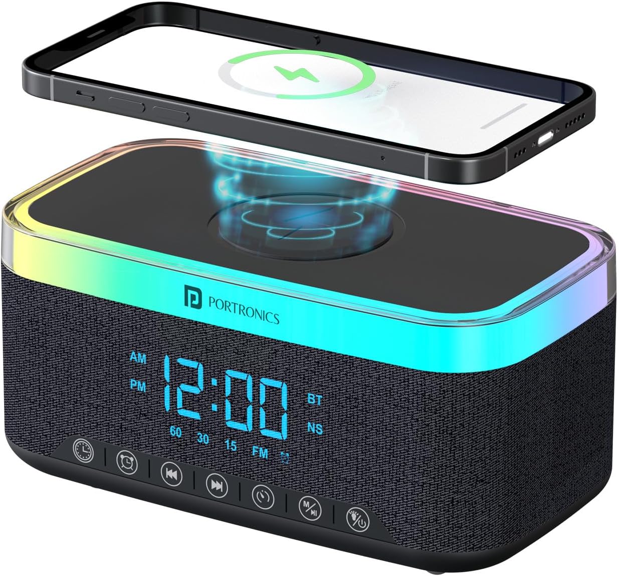 Portronics Trifusion 16W HD Sound Bluetooth Speaker with 15W Wireless Charging, 360°RGB LED Lights, Digital Clock with Alarm Setting, Built-in White Noise, USB/SD Card/AUX in, Type C Charging(Black)