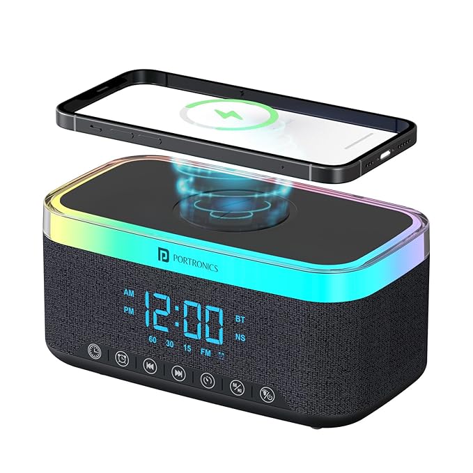 Portronics Trifusion 16W HD Sound Bluetooth Speaker with 15W Wireless Charging, 360°RGB LED Lights, Digital Clock with Alarm Setting, Built-in White Noise, USB/SD Card/AUX in, Type C Charging(Black)