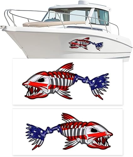 Calcomanías de pez esqueleto de barco de tamaño grande de 15 pulgadas de ancho x 38 pulgadas de largo, calcomanía de pesca con bandera de Estados