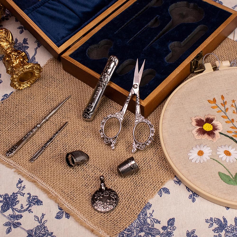 Juego de Tijeras para Bordar Plateadas, Herramientas de Costura de Acero Inoxidable de Alta Gama, dedal, punzón, Caja de Agujas para Coser, Manualidades, Costura