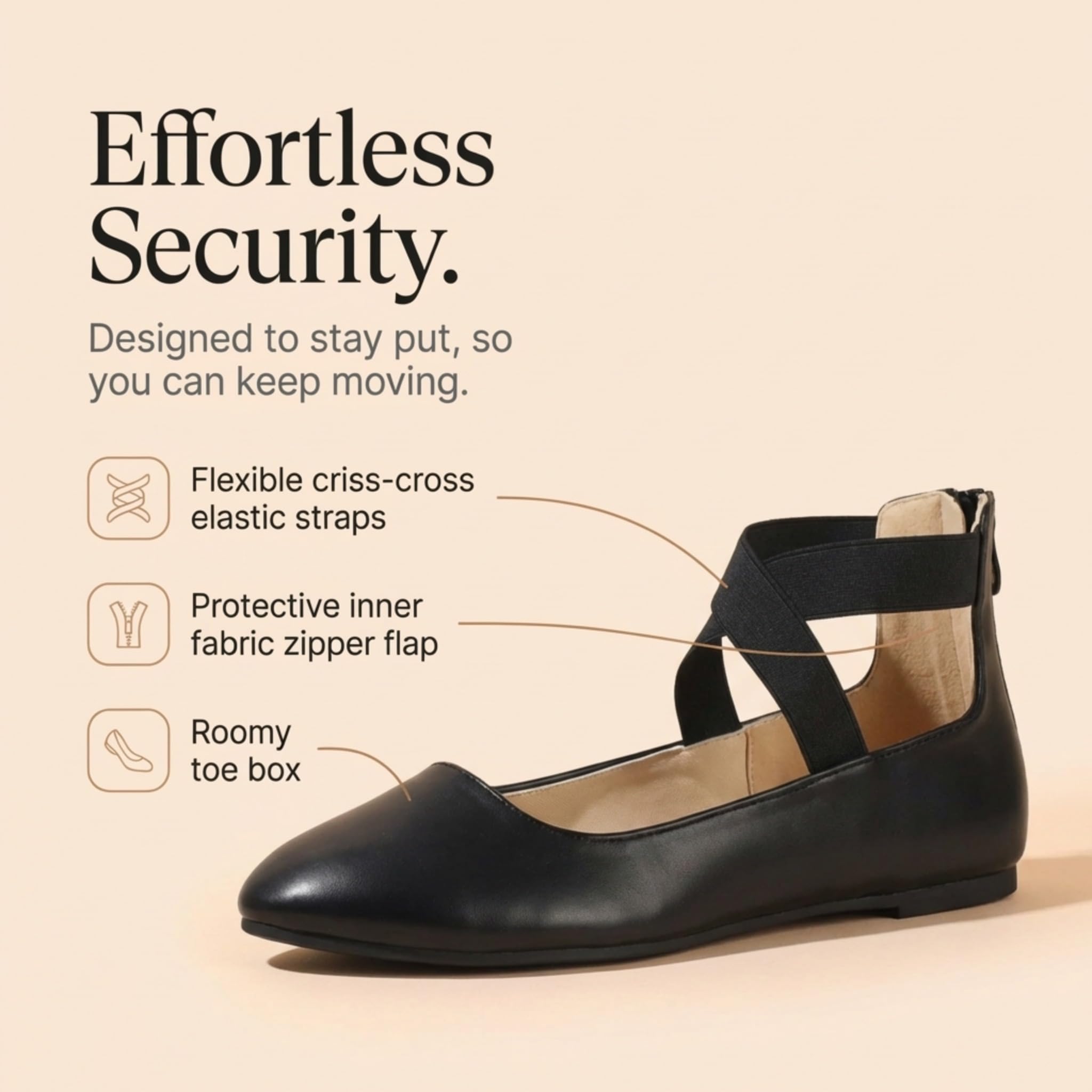 EMMA NEW YORK Ankle Strap Flats for Women, Women Flat Ballerina Shoes, Women's Ballet Flats with Strap (Pu Black, 8)