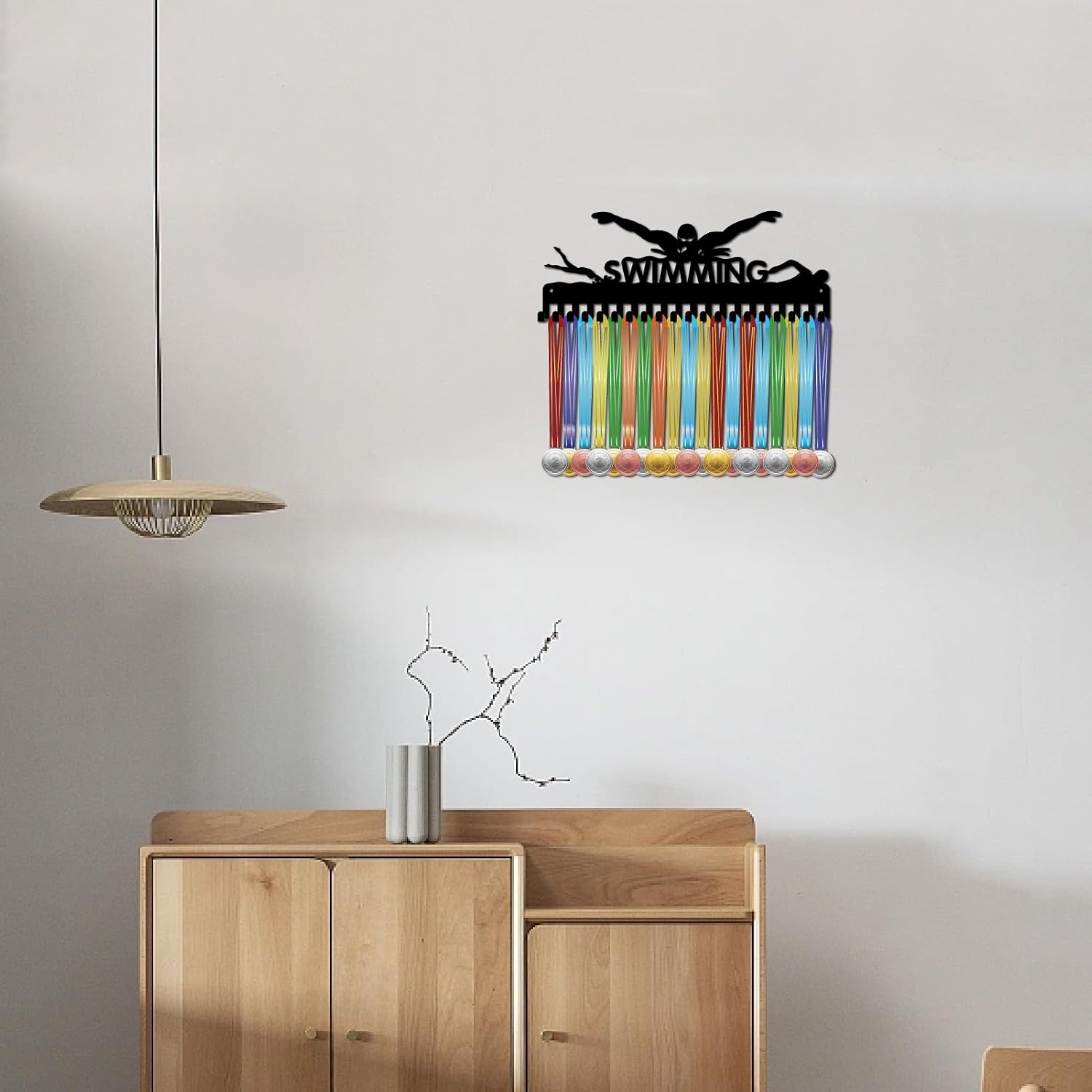 CREATCABIN Swimming Medal Holder Hanger Medals Hooks Sports Awards Display Rack Race Ribbons Organizer Black Metal Case Frame with 20 Hooks for Hanging Over 20 Medals Swimmer Medalist 15.7 x 5.9 Inch