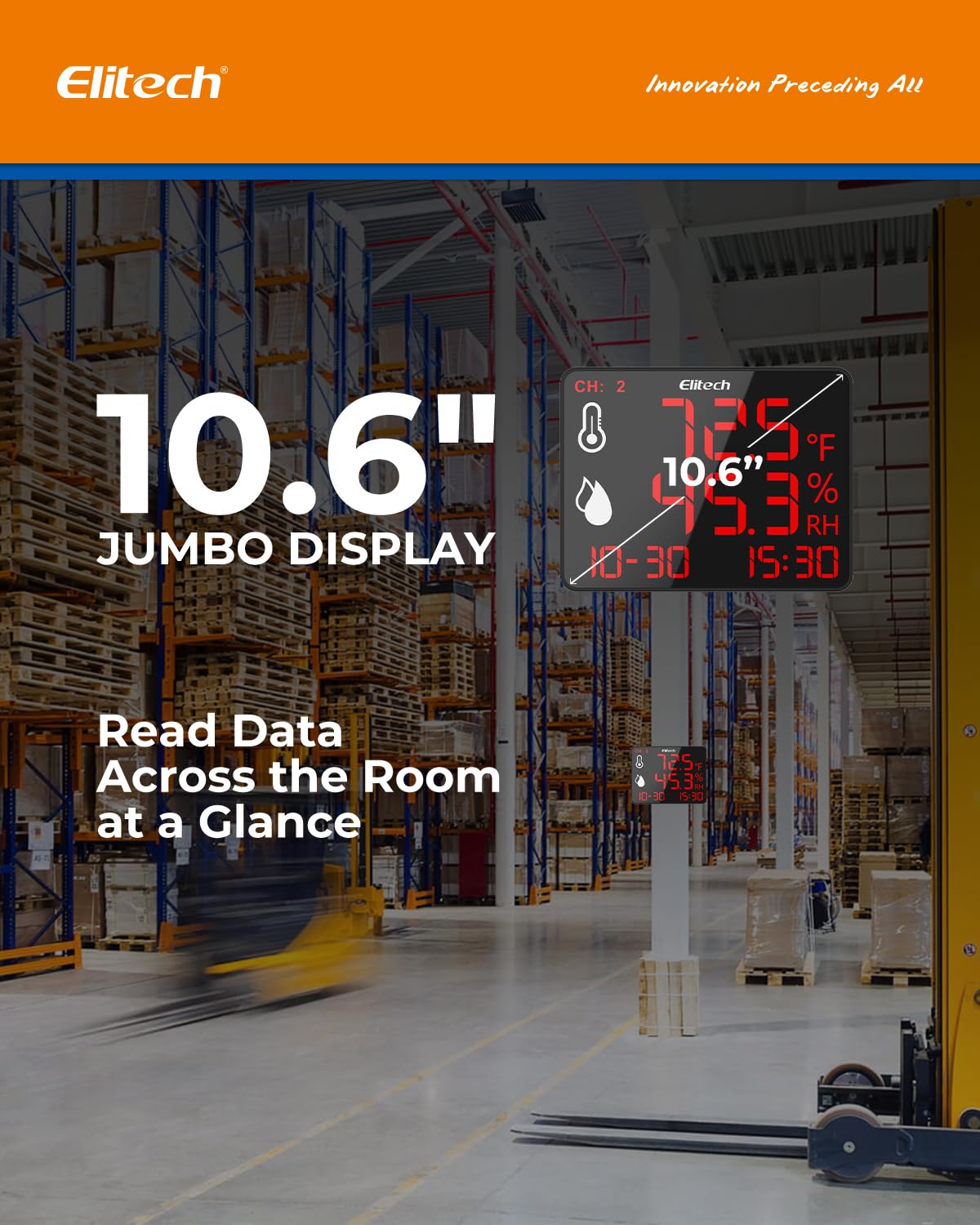 Close-up of the Elitech DR-230-THDE's 10.6-inch jumbo display, showing temperature and humidity readings clearly visible from a distance.