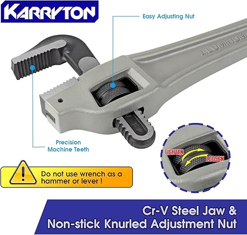 Miniatura 3 de Llave de tubo de aluminio de 18 pulgadas, capacidad de mandíbula ajustable de 3.5 pulgadas3.504 in, llave de plomería resistente con mandíbula de