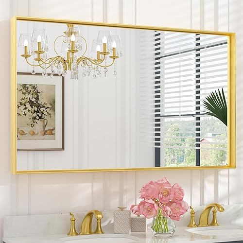 Miniatura 183 de Keonjinn Espejo de baño dorado de 48 x 36 pulgadas, espejo rectangular con marco de metal dorado cepillado, espejo de pared grande rectangular