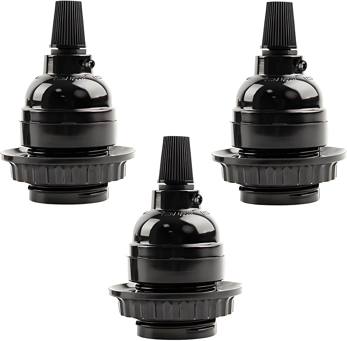 Keyless Medium Base Vintage Socket,Black Bakelite Socket E26/E27 Vintage Screw Bulbs Edison Ceiling Retro Pendant Lamp Holder (3-Pack,with Collar Ring)